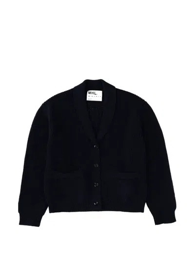 Margaret Howell Blue Merino Wool Cardigan In Black