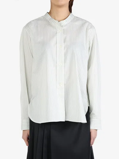 Margaret Howell Collarless Cotton-silk Shirt In White/pale Green