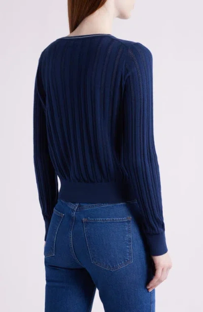 Margaret O'leary Contrast Stripe Rib Petit Cardigan In Navy/white