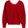 Margaret O'leary Lace Accent Cotton Blend V-neck Sweater In Red