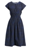 Margaret O'leary Valencia Print Smocked Waist Midi Dress In Indigo Spots