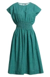 Margaret O'leary Valencia Print Smocked Waist Midi Dress In Teal Spots
