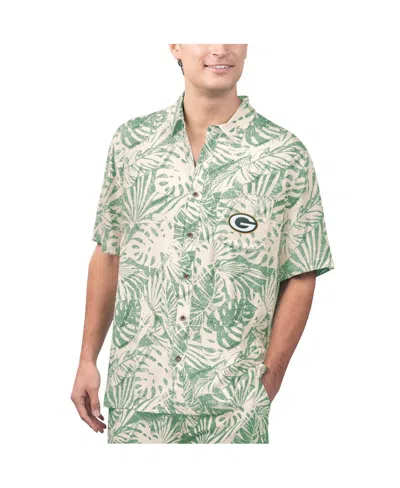 MARGARITAVILLE MEN'S MARGARITAVILLE TAN GREEN BAY PACKERS SAND WASHED MONSTERA PRINT PARTY BUTTON-UP SHIRT