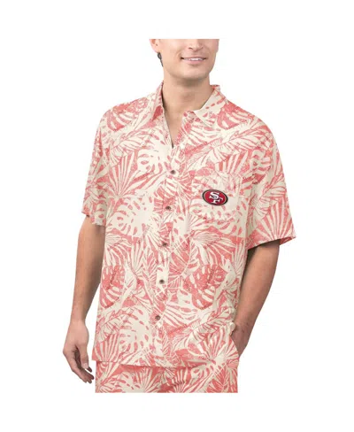 MARGARITAVILLE MEN'S MARGARITAVILLE TAN SAN FRANCISCO 49ERS SAND WASHED MONSTERA PRINT PARTY BUTTON-UP SHIRT