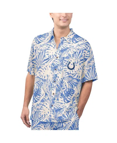 Margaritaville Men's Tan Indianapolis Colts Sand Washed Monstera Print Party Button-up Shirt In Royal