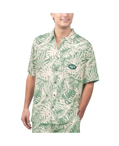 MARGARITAVILLE MEN'S TAN NEW YORK JETS SAND WASHED MONSTERA PRINT PARTY BUTTON-UP SHIRT