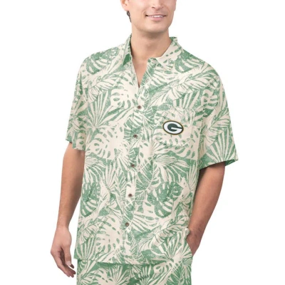 Margaritaville Tan Green Bay Packers Sand Washed Monstera Print Party Button-up Shirt