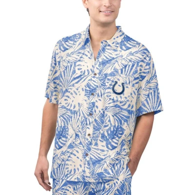 Margaritaville Tan Indianapolis Colts Sand Washed Monstera Print Party Button-up Shirt In Cream