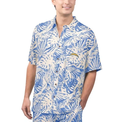 Margaritaville Tan Los Angeles Chargers Sand Washed Monstera Print Party Button-up Shirt In Cream