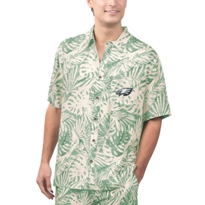 Margaritaville Tan Philadelphia Eagles Sand Washed Monstera Print Party Button-up Shirt