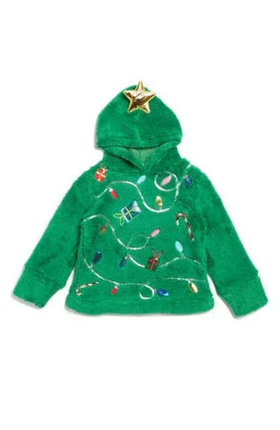 Margaux And Lexi Kids' Christmas Tree Faux Shearling Hooded Sweater In Green Combo Holiday
