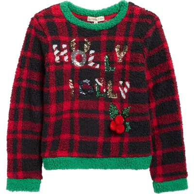 Margaux And Lexi Kids' Holly Jolly Sequin Plaid Faux Shearling Pullover In Red