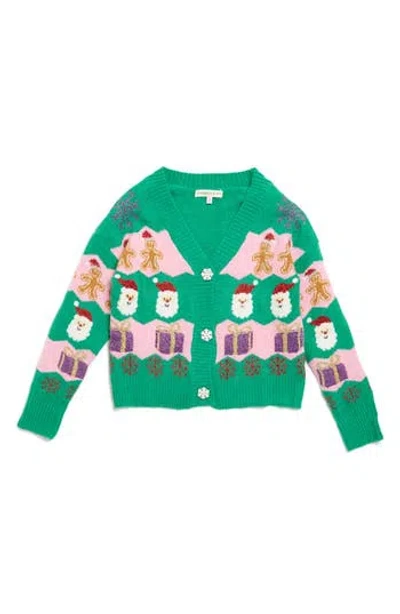 Margaux And Lexi Kids' Stripe Christmas Pattern Cardigan In Green Combo Holiday