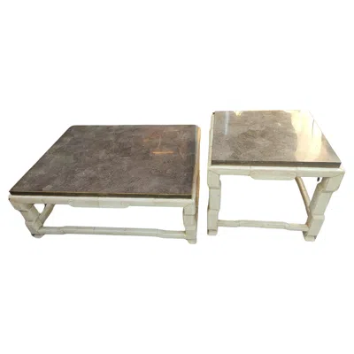 Pre-owned Marge Carson Mid Century Marble Top Cocktail & End Table With Leather Wrap Base  In Brown