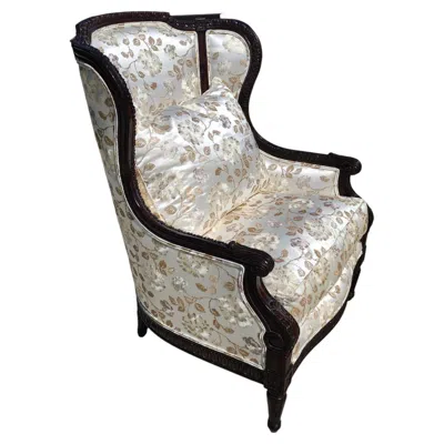 Pre-owned Marge Carson Wingback Chair Embroidered Silk With 7 Pillows In Brown