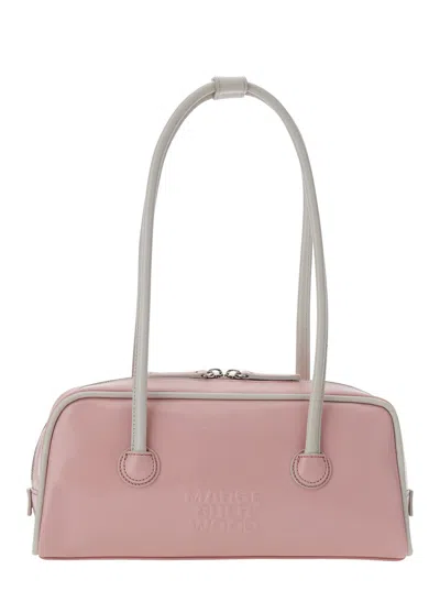 Margesherwood Baguette Leather Shoulder Handbag With Logo Lettering, Two Top Handles, Top Zip Closur In Pink