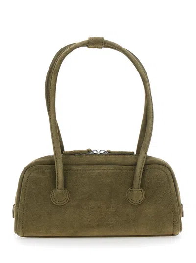 Margesherwood 'soft Boston Ew' Suede Shoulder Handbag With Two Top Handles, Zip Closure, Logo Front, 29x12x7 Cm In Green