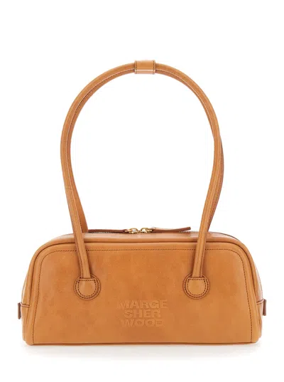 Margesherwood Soft Boston Leather Shoulder Handbag With Two Top Handles, Logo Front, Top Zip Closure In Brown