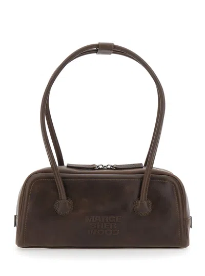 Margesherwood Soft Boston Shoulder Handbag With Two Top Handles, Logo Lettering, Zip Closure, Leathe In Brown