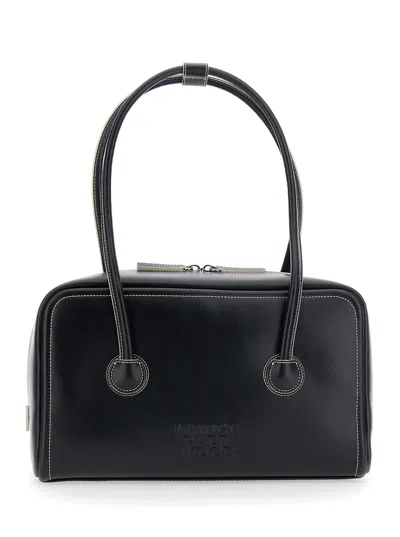 Margesherwood Soft Boston Small Leather Shoulder Handbag With Two Top Handles And Logo Lettering (32 In Black