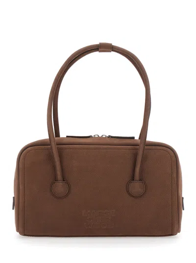 Margesherwood Soft Boston Small Leather Shoulder Handbag With Two Top Handles And Logo Lettering In Brown