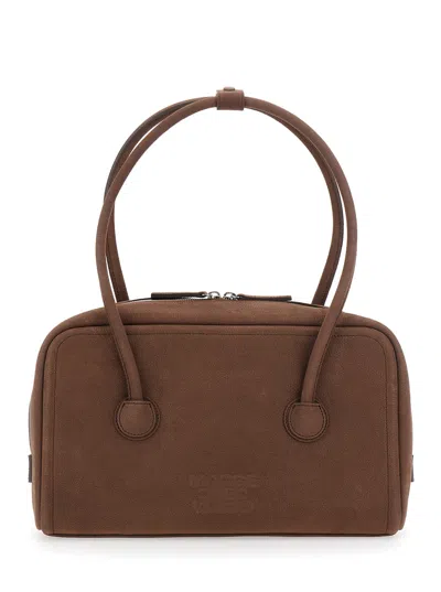 Margesherwood Soft Boston Small Suede Shoulder Handbag With Two Top Handles And Logo Lettering (mini) In Brown