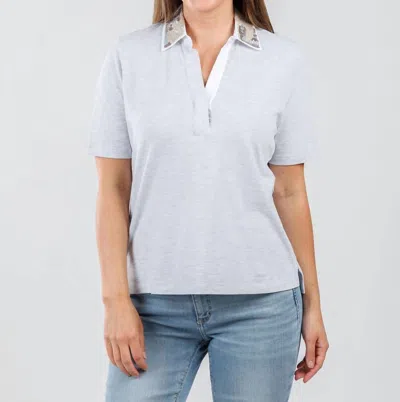 Margittes Sequin Collar Short Sleeve Polo Shirt In Silver Melange In Gray