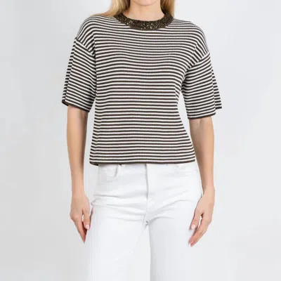 Margittes Sequin Neck Stripe Knit Sweater In Mocha In Brown