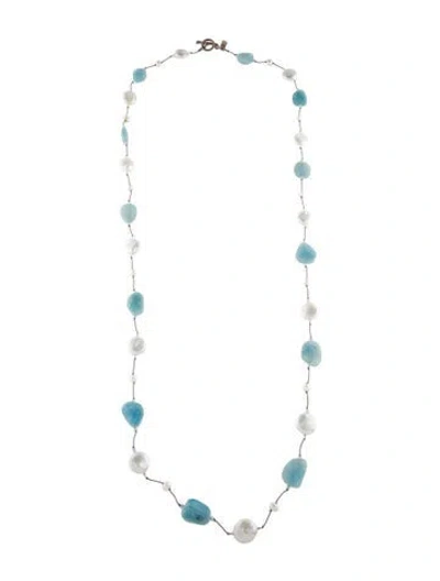 Pre-owned Margo Morrison Aquamarine & Coin Pearl Bead Station Necklace, 35" In Transparent