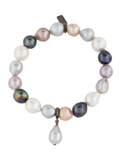 Pre-owned Margo Morrison Pearl & Diamond Bead Bracelet, 6.5" In Multi