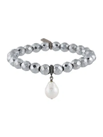 Pre-owned Margo Morrison Pearl, Coated Hematine, & Diamond Bead Stretch Bracelet, 6.75" In Multi