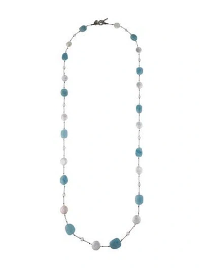 Pre-owned Margo Morrison Pearl , Crystal & Aquamarine Bead Station Necklace, 37" In Multi