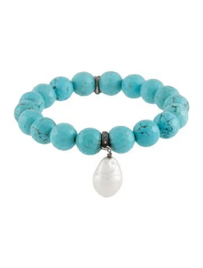 Pre-owned Margo Morrison Pearl, Diamond & Dyed Howlite Bead Bracelet, 6.25" In Multi