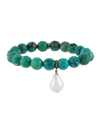 Pre-owned Margo Morrison Pearl, Diamond & Dyed Howlite Bead Bracelet, 6.5" In Multi
