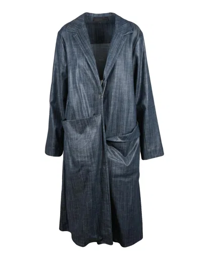 Maria Calderara Fluid Long Duster Coat With Waxed Effect And Brooch Closure In Gray