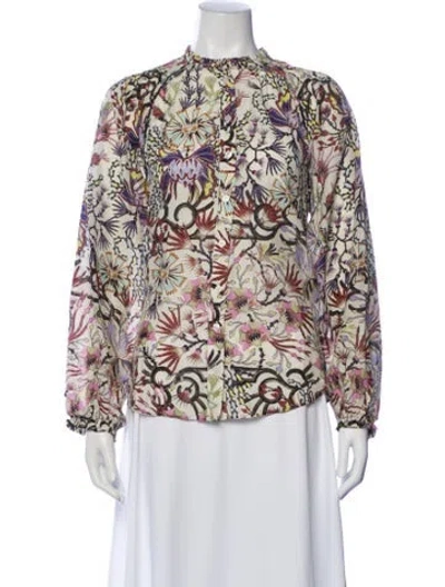 Pre-owned Maria Cher Floral Print Long Sleeve Blouse In White