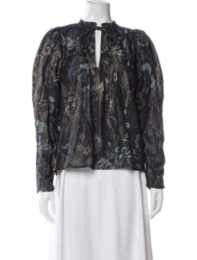 Pre-owned Maria Cher Floral Print Tie Neck Blouse In Black