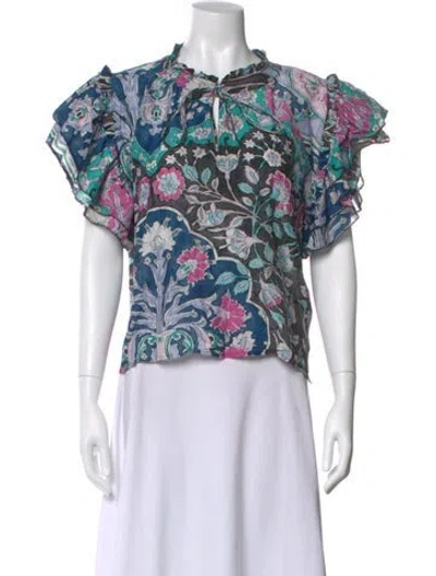 Pre-owned Maria Cher Floral Print Tie Neck Blouse In Blue