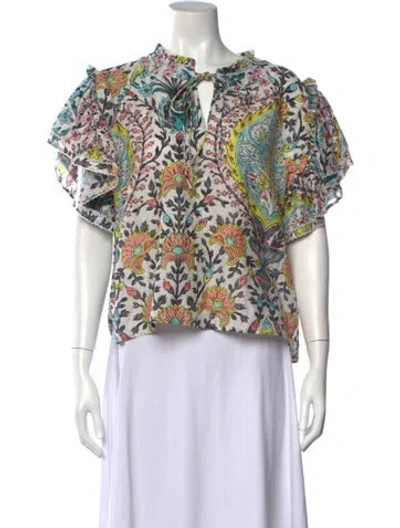 Pre-owned Maria Cher Floral Print Tie Neck Top In Blue