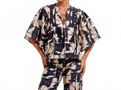 Maria La Paz Elena Drawsting Blouse In Black Batik Linen In Multi