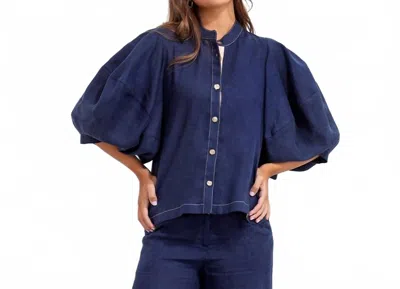 Maria La Paz Gerald Puffed Sleeve Shirt In Blue And Beige Linen