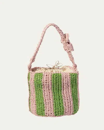 Maria La Rosa Cheyenne Mini Striped Raffia Bucket Bag In Pink/green