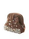 Maria La Rosa Pepita Velvet Clutch Bag With Hand-embroidered Stones In Brown