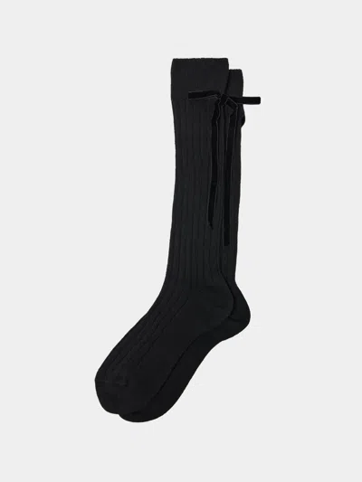 Maria La Rosa Women's College Velvet Bow Cashmere Knee-high Socks One Size In Black