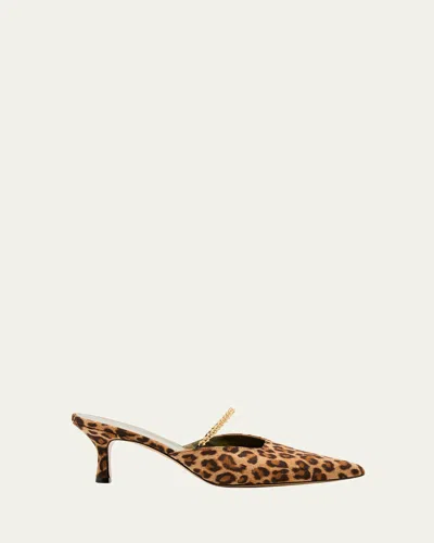 Maria Luca Leopard Chain Kitten Mule Pumps In Brown