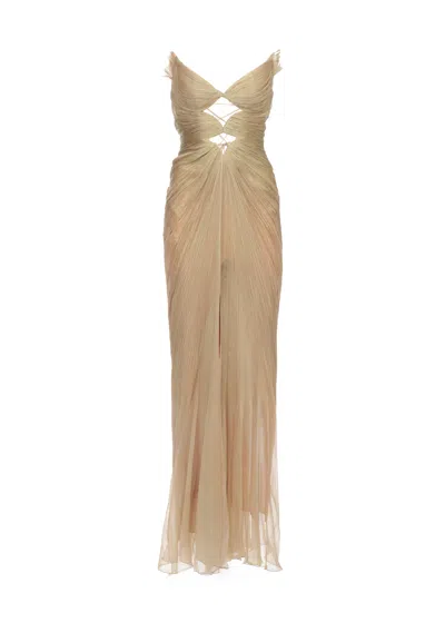 Maria Lucia Hohan All-over Draped Silk Evening Dress With V-neck In Neutral