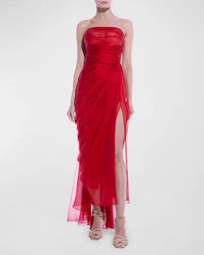 Maria Lucia Hohan Bryony Strapless Draped Silk Chiffon Slit-hem Midi Dress In Salsa