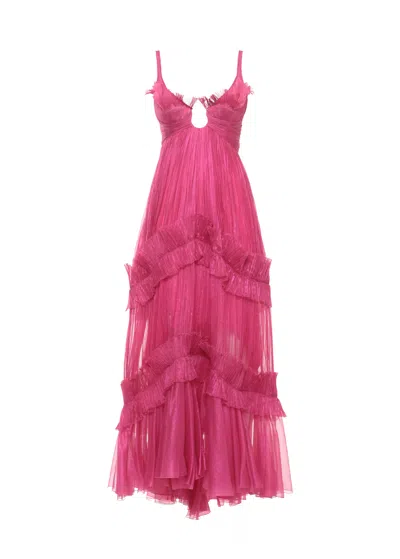 Maria Lucia Hohan Fuchsia Silk Midi Dress With Ruffled Details And Bare Back In Pink