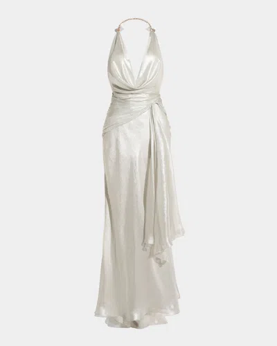Maria Lucia Hohan Ilaria Metallic Draped Plunging-halter Backless Gown In Opal