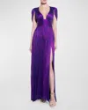 MARIA LUCIA HOHAN LAUREL PLUNGING DRAPE BACKLESS METALLIC PLISSE GOWN